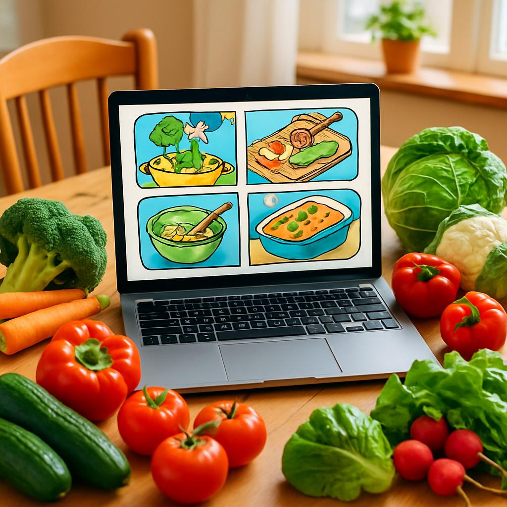 Online cooking instructions on a laptop for home-based preparations.