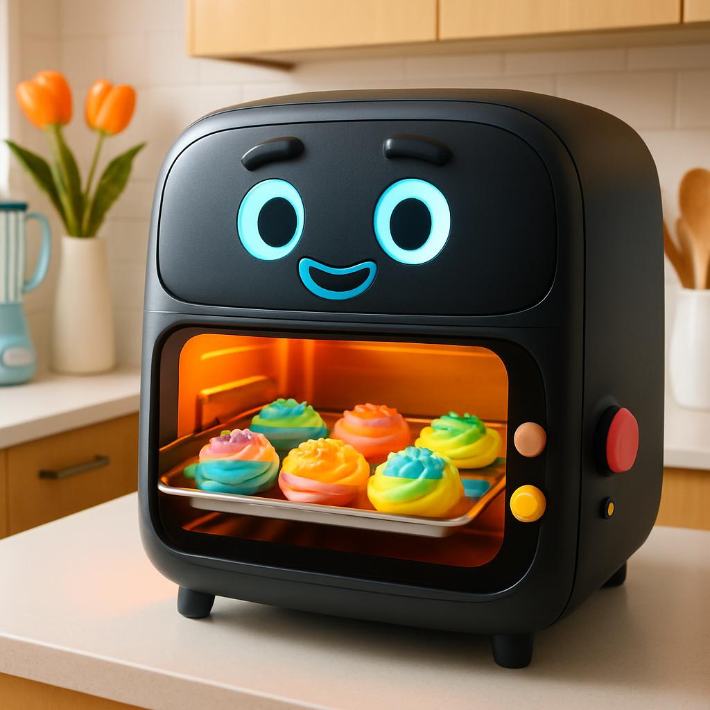 Decorated cupcakes in an oven with a smiling face on the door.